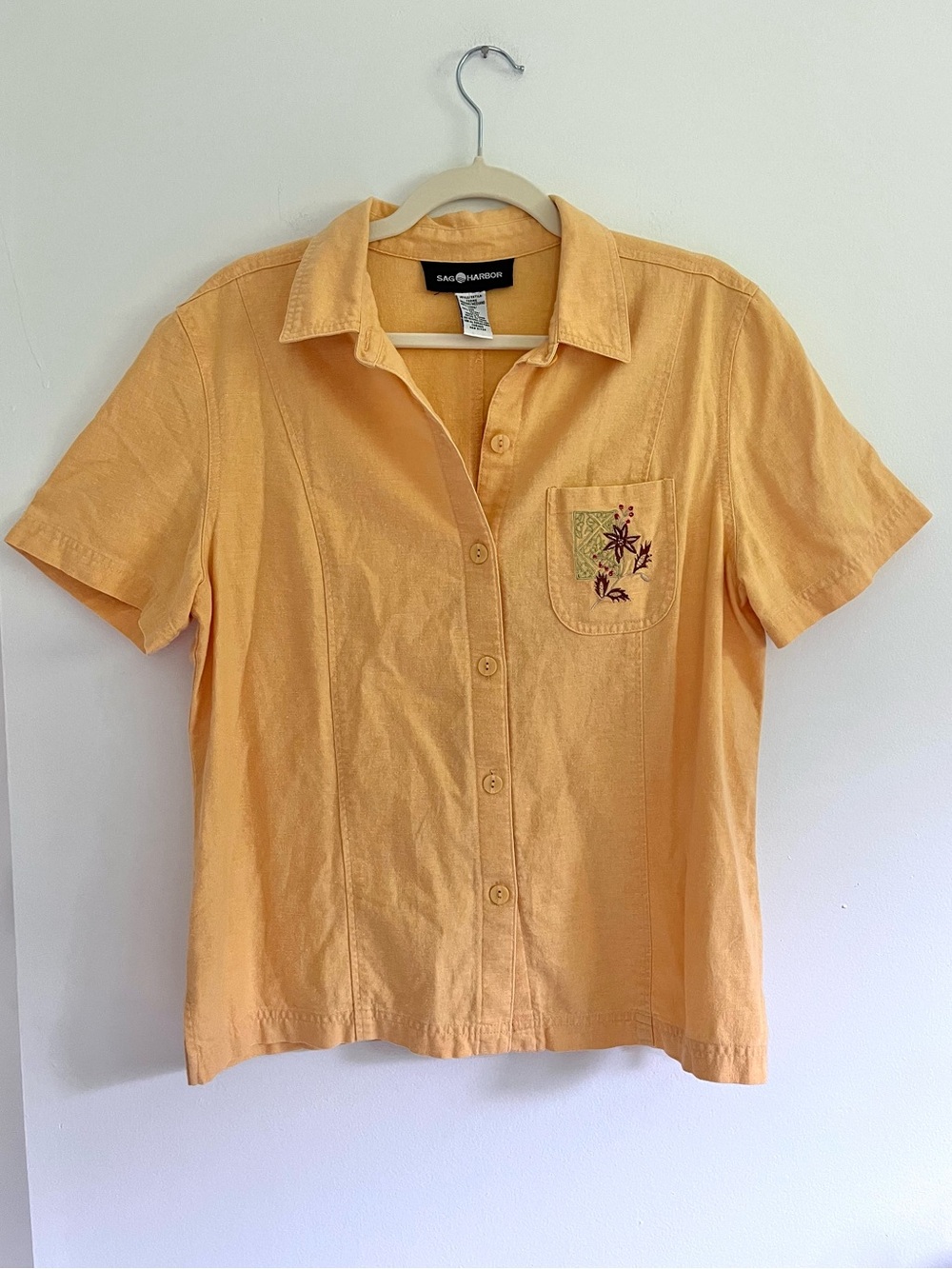 Vintage Orange Linen Blend Sag Harbor Short Sleeve Button-Up Shirt Embroidered M